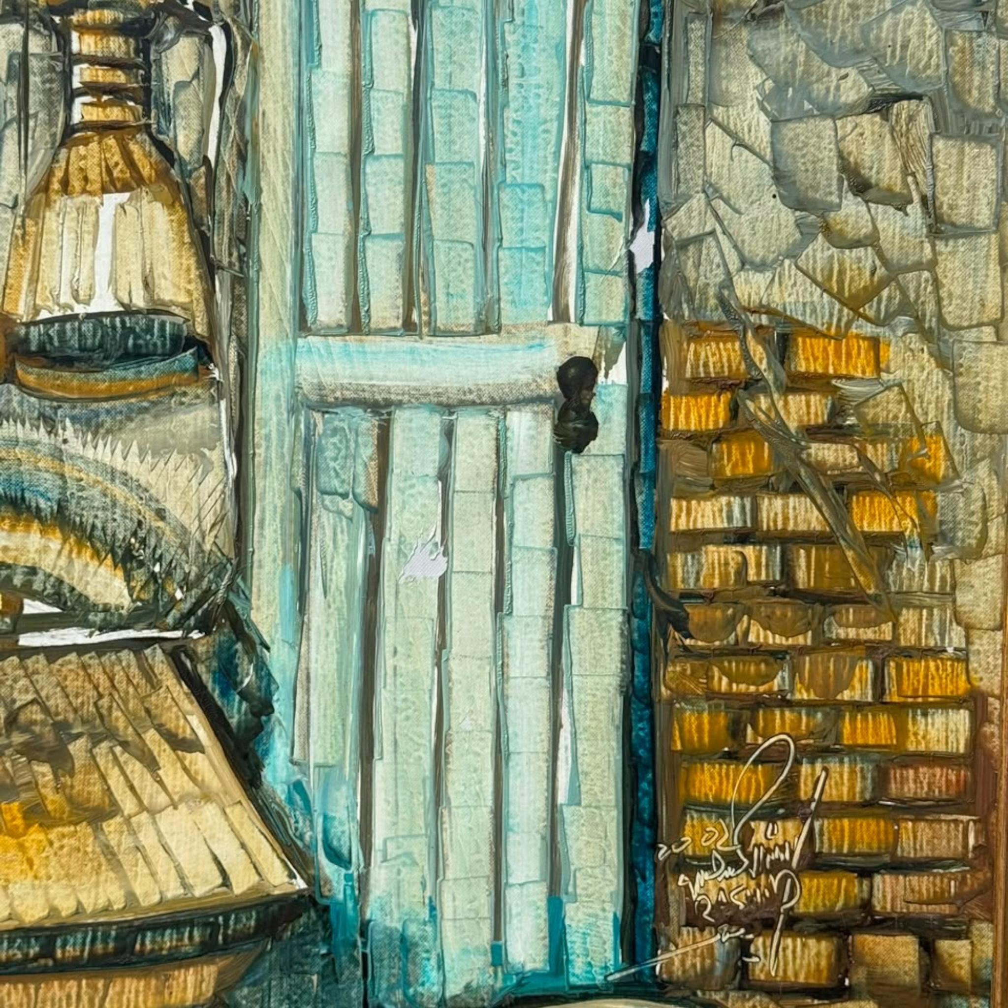 Signed Textured Middle Eastern Souk Scene Mixed Media Painting
