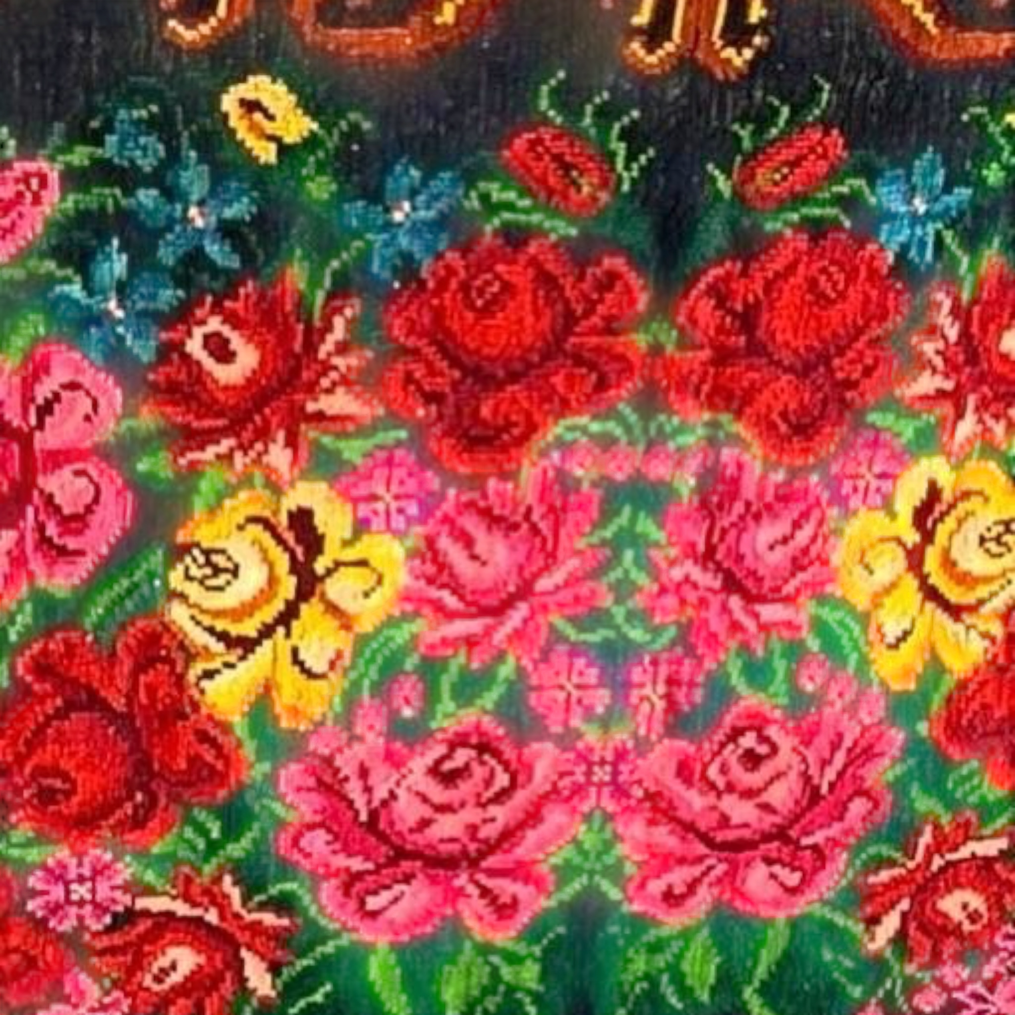 Floral Rose Rug on Black Ground | Handwoven Heritage Carpet - 344 x 328 cm