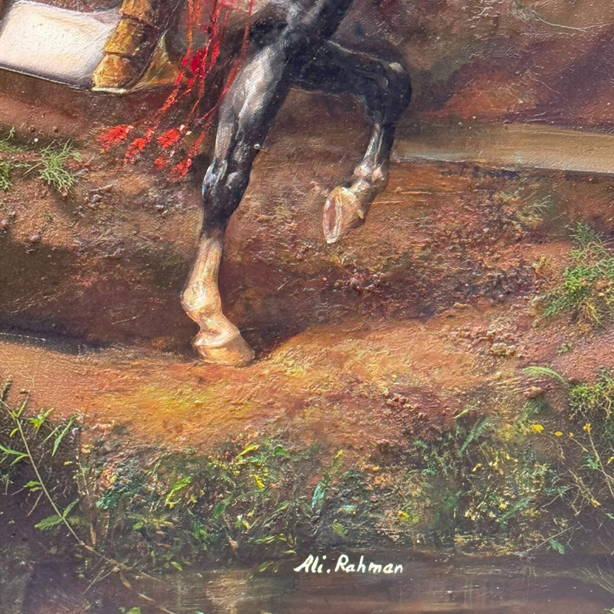 Signed Oil Painting by Ali Rahman | Oil on Canvas | Arab Horsemen Scene | Attributed to the Style of Adolf Schreyer