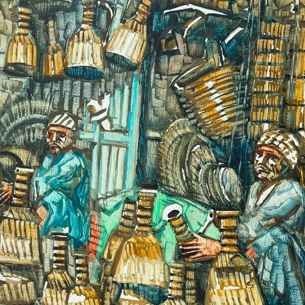 Signed Textured Middle Eastern Souk Scene Mixed Media Painting