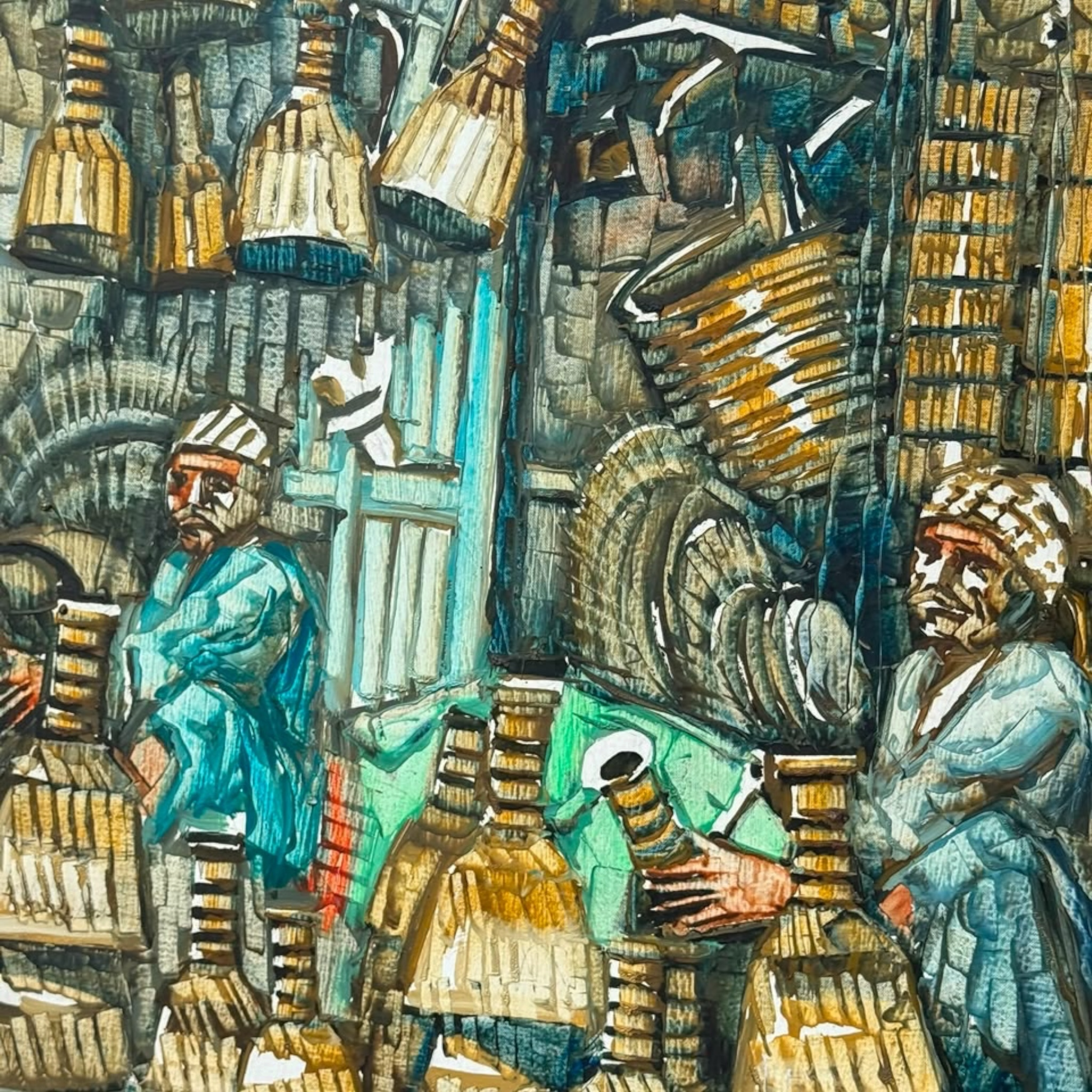 Signed Textured Middle Eastern Souk Scene Mixed Media Painting